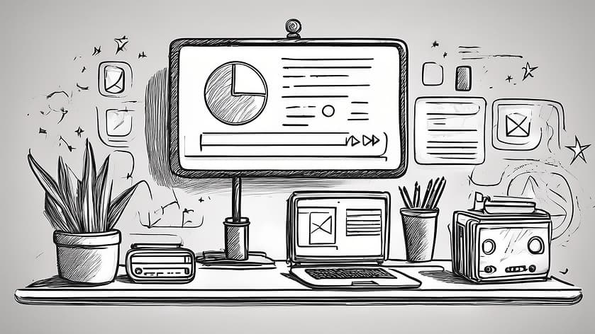 Aktiver Arbeitsplatz mit Computer, zweitem Monitor, Notizzetteln und Stiften